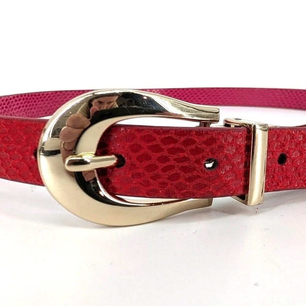 Reversible Skinny Belt Pink Red Snakeskin Embossed Gold Buckle S/M